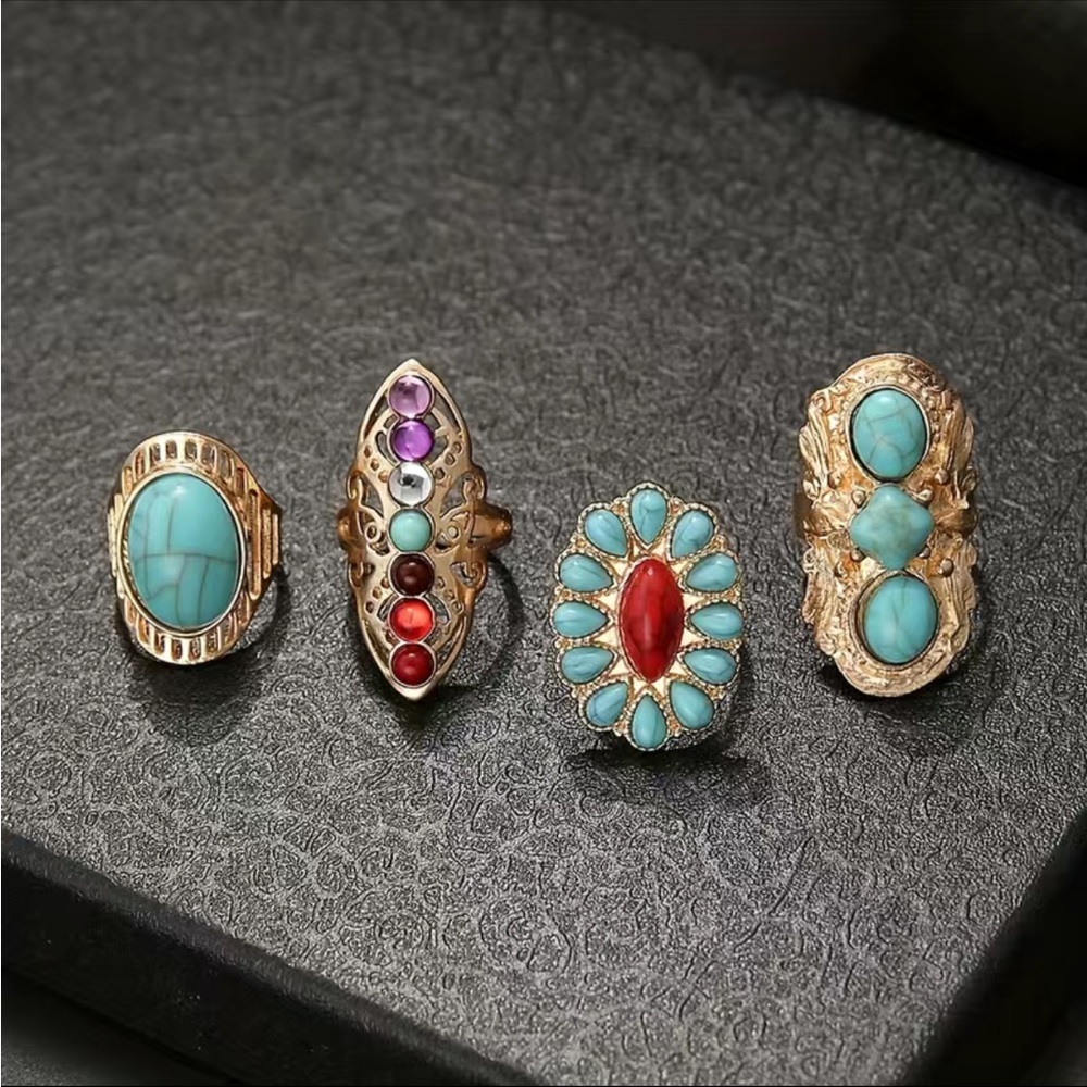 Boho Style Gold And Turquoise Stackable Ring Set - image 5